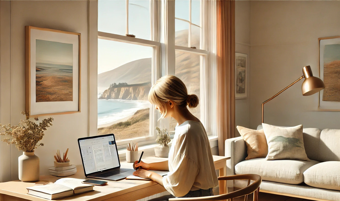 Bright, airy home office scene with a relatable woman in her early 50s, 2