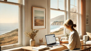 woman in her 50's working at home and posting and writing follow up letters to her clients